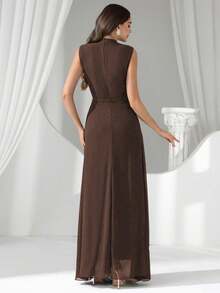 Coutiva 奢华亮片珍珠领晚礼服，高端礼服，优雅气质 - 咖啡棕 - 查看 2