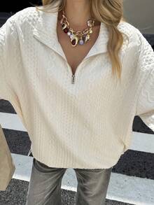 DAZY Áo nỉ chui đầu vải họa tiết rộng rãi có khóa kéo nửa thường ngày dành cho nữ, phù hợp cho mùa thu/đông - Màu be - Xem 5