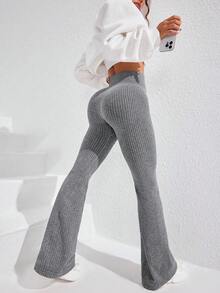 Eassivo Eassivo 女式纯色罗纹高腰无缝瑜伽健身喇叭紧身裤 - 深灰色 - 查看 7