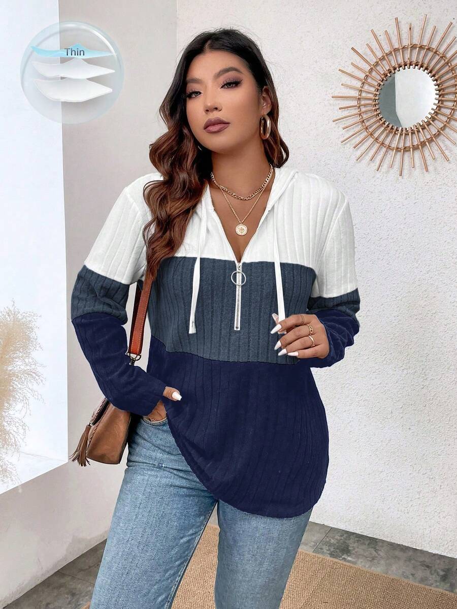 EMERY ROSE 加大码V领环扣拉链装饰长袖柔软针织罗纹毛绒三色拼接休闲卫衣 - 彩色 - 查看 1