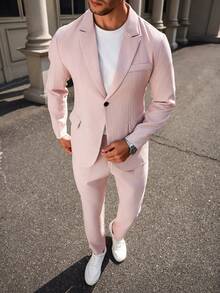 Manfinity Mode Men's Solid Color Lapel Neck Long Sleeve Suit Jacket And Trousers Business Casual 2-Piece Set, Spring And Autumn - Pink - View 5