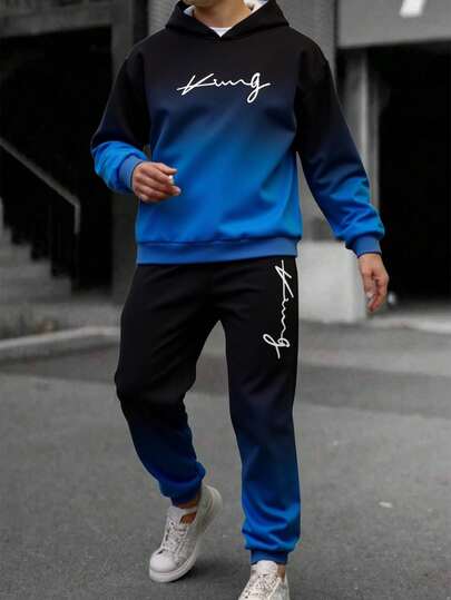 2pcs/Set Teen Boy Casual Hoodie Sweatshirt & Jogger Pants Set For Teenage Boys, Featuring Letter Graphic Print, Long Sleeve Pullover Design With Ribbed Cuffs And Hem, Paired With Minimalist Printed Gradient Color Joggers. Casual Yet, Suitable For Daily Wear And Sportswear.