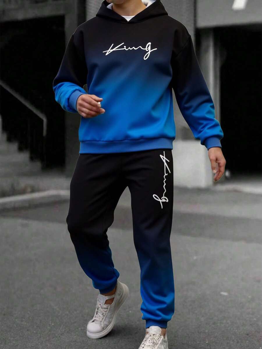 2pcs/Set Teen Boy Casual Hoodie Sweatshirt & Jogger Pants Set For Teenage Boys, Featuring Letter Graphic Print, Long Sleeve Pullover Design With Ribbed Cuffs And Hem, Paired With Minimalist Printed Gradient Color Joggers. Casual Yet, Suitable For Daily Wear And Sportswear. - Blue - View 1