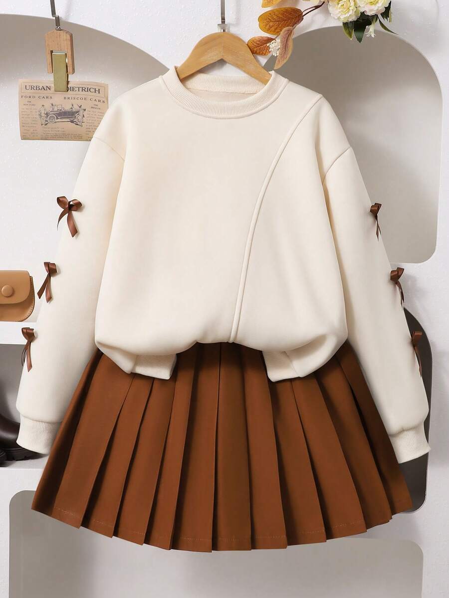 SHEIN 2pcs/Set Apricot Bow Sleeve Sweatshirt & Coffee Pleated Skirt Sweet School Style Outfit, Suitable For Outing, Vacation, Back To School - Apricot - View 1
