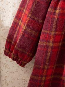 Souflis Souflis 法式复古红色长袖格子连衣裙，撞色荷叶边领，适合派对、郊游和各种场合，秋冬 - 酒紅色 - 查看 6