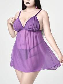 ROMWE Kawaii Plus Size Cute Mesh Babydoll Dress With Bow, Lingerie - Purple - View 4