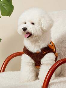 PETSIN 1pc Pet Cat Dog Universal Fashion Brown Cute Teddy Bear Pattern Printed Double Sided Elastic Plush Comfortable Warm Open Button Dog Sleeveless Jacket