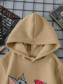 TOM & JERRY X SHEIN 男童休闲卡通图案保暖连帽卫衣，适合秋冬季 - 卡其色 - 查看 3