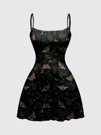 Goth Vestido mini con estampado todo sobre de flores góticas, polillas, mariposas, hojas, sol y luna, en verde oscuro y negro para mujeres