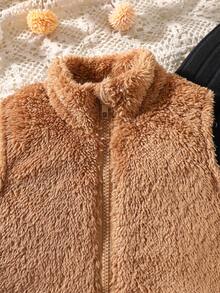 Elladie kids 3pcs/Set Toddler Girls Autumn/Winter New Ribbed Fleece Black Crew Neck Long Sleeve Pullover T-Shirt, Brown Fuzzy Collar Cardigan Vest, Casual Long Pants, Warm Outfit - Multicolor - View 6