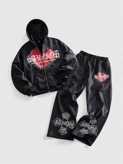 Street Life Men's Casual Heart & Letter Print Hoodie And Sweatpants Set, Autumn/Winter