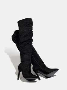 CUCCOO SZL 女士绒面细高跟黑色靴子，性感派对/舞会靴，阔腿靴，褶皱靴，过膝长靴，秋冬 - 黑色 - 查看 5