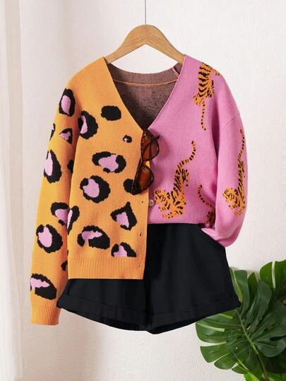 Sparklyn 少女时尚多色提花针织长袖开衫，秋冬