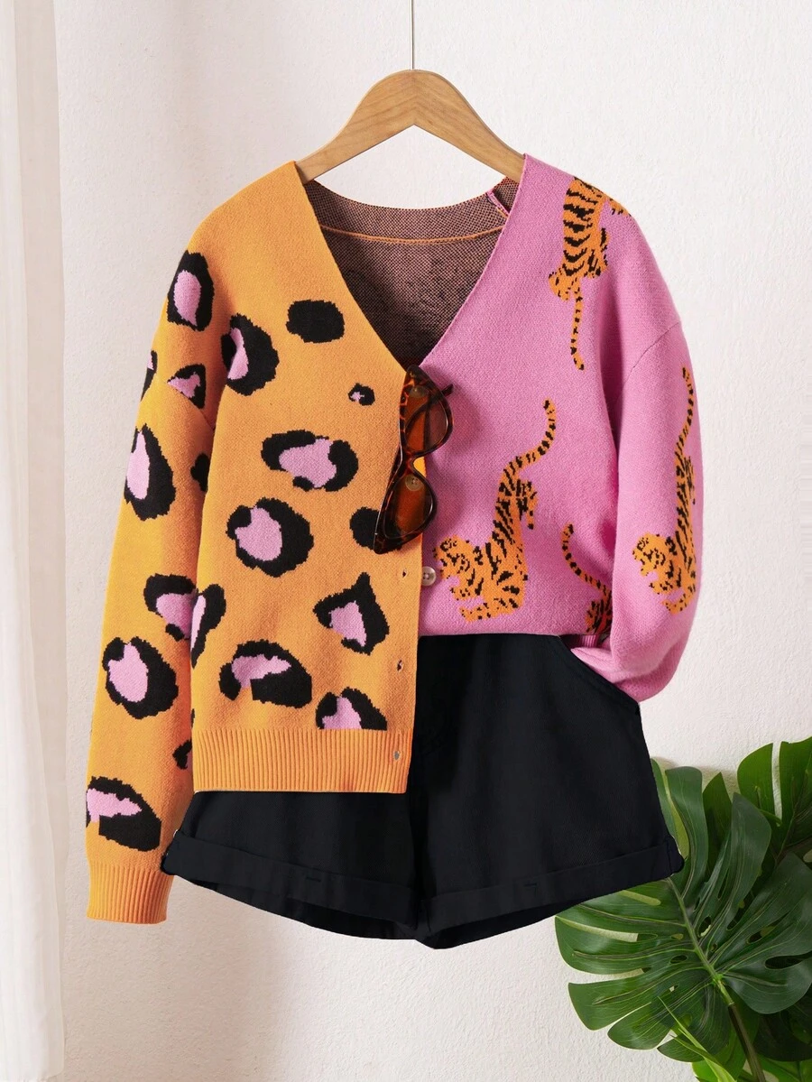 Sparklyn 少女时尚多色提花针织长袖开衫，秋冬