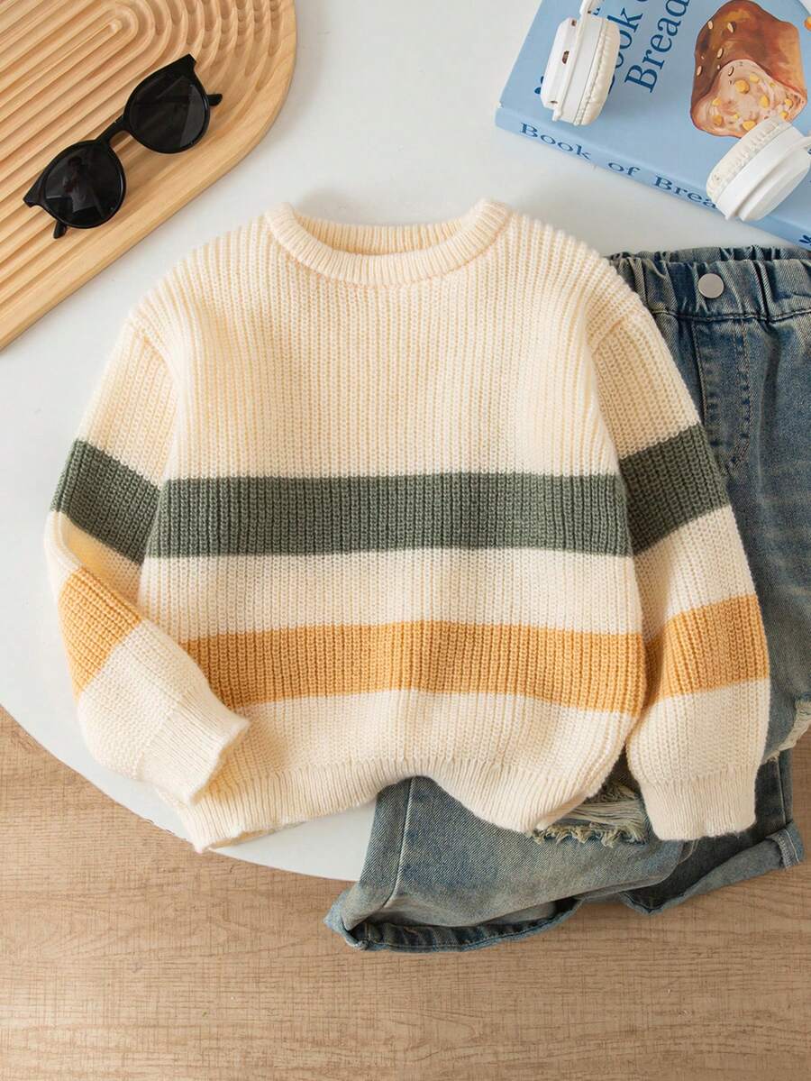 SHEIN Playful Pals 男童粗条纹针织毛衣，长袖，秋冬 - 杏色 - 查看 1