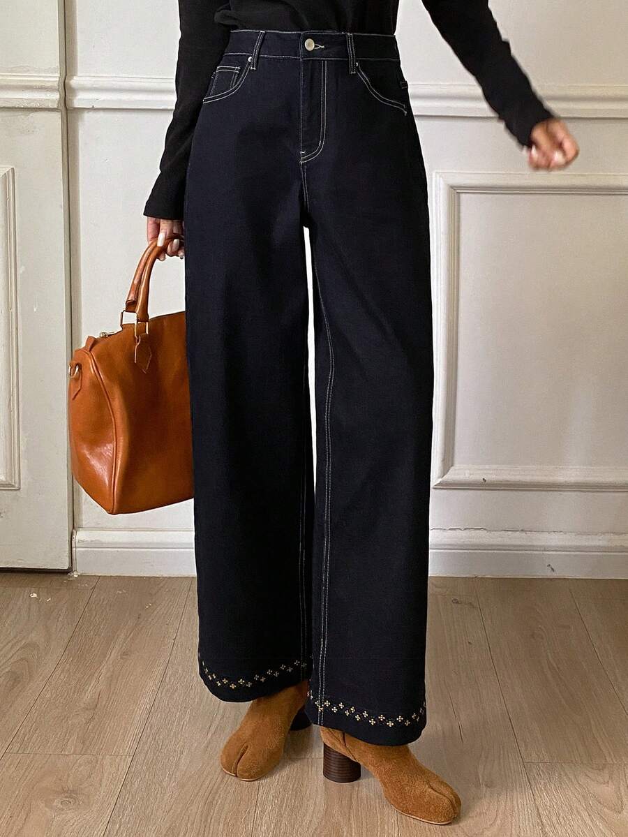 DAZY 女式西部牛仔拼接下摆休闲优雅及踝牛仔裤，秋冬 - 藍色 - 查看 1