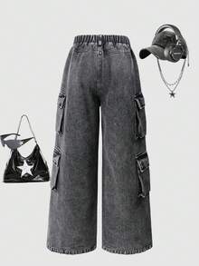 SHEIN ChillGRL Streecool 青少年女孩休闲时尚酷炫日常简约四粒扣假口袋设计宽松直筒牛仔裤