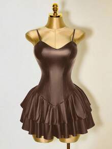 Mistrie Trang phục đen gợi cảm cho nữ, váy xếp ly không đối xứng bằng da PU, áo nịt eo, viền bèo nhún - Màu Khaki - Xem 5