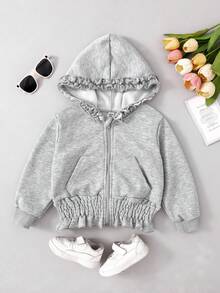 1件女童休闲时尚荷叶边连帽针织外套，女童长袖拉链休闲百搭外套，适合日常休闲、秋冬季外出穿着 - 灰色 - 查看 3