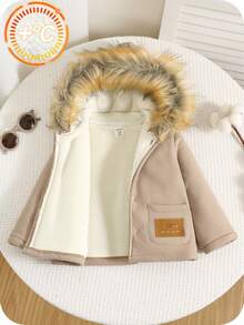 SHEIN 男女宝宝可爱米色连帽毛领外套，休闲冬装 - 彩色 - 查看 3