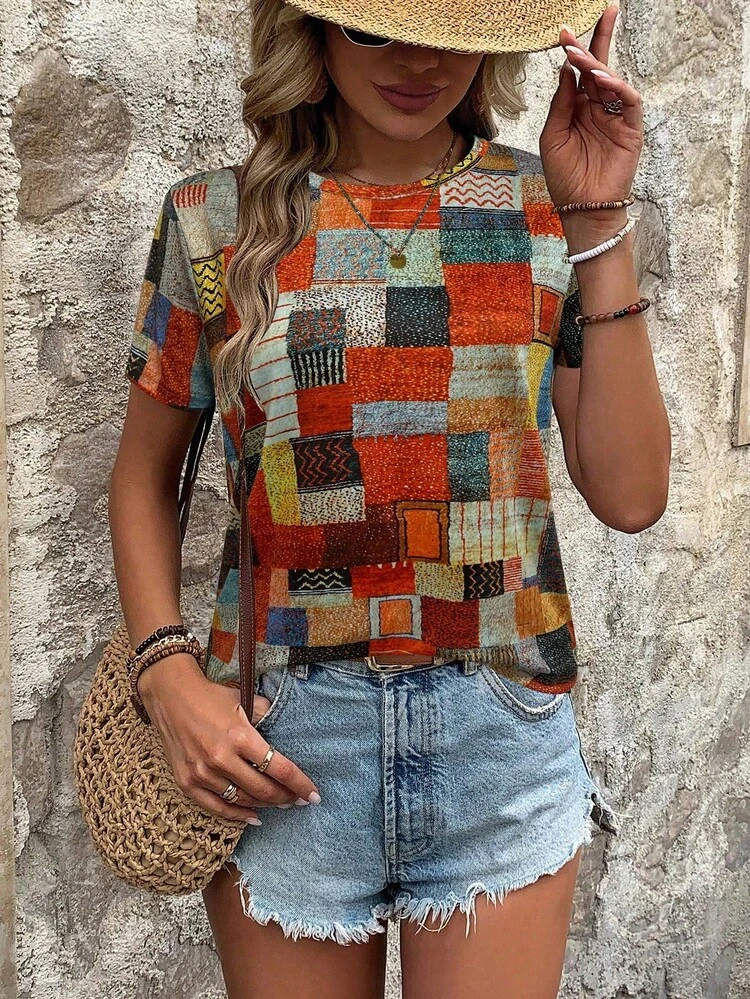 EMERY ROSE Camiseta de mujer de manga corta con bloque de color para el verano, camiseta gráfica para mujeres - Multicolor - Añade 4