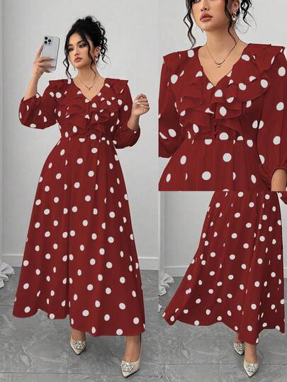 Elenzga Plus Size Women Elegant Polka Dot Print V-Neck Ruffle Hem Long Sleeve Dress