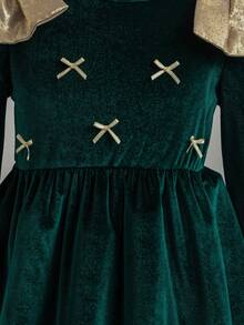 1pc Girls Kids Autumn New Green Velvet Fabric Round Neck Long Sleeve Elastic Waist Gold Bow Decor Simple Versatile Casual Dress For Daily Wear & Party - Dark Green - View 7