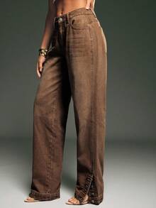 Denimoi Straight Leg Ankle Slit Button Detail Denim Jeans - Brown - View 2