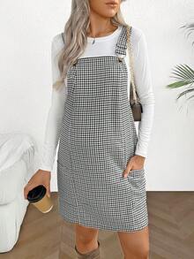 SHEIN Maternity Casual Plaid Pocket Strap Dress - Black and White - View 5