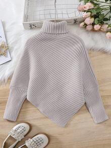 Girls' Warm Apricot High Neck Long Sleeve Knitted SweaterYoung Girlls' Fashionable CasuAsymmetricallar Hem Pullover, Comfortable Soft, Minimalist Stylish Versatile Kids Sweaters For Girls Girls Sweaters Girl Clothes Autumn And Winter Clothes Jumper For Girls Girls Knitted Top - Grey - View 2