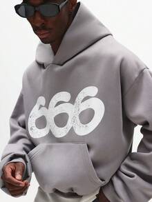 SUMWON 666 Graphic Print Pullover Hoodie With Centre Pocket And Drawstring Hood Casual Streetwear - Black - View 4