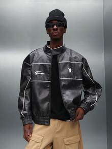 PLAYBOY X SUMWON Leather Racing Jacket With Logo And Embroidered Details - Black - View 6