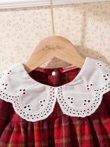 Souflis Souflis 法式复古红色长袖格子连衣裙，撞色荷叶边领，适合派对、郊游和各种场合，秋冬 - 酒紅色 - 查看 7