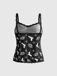 ROMWE Gothic Lace Fingerless Gloves, Pentagram Pattern Casual Cute Cartoon Funny Pajama Shorts Set - Black - View 4
