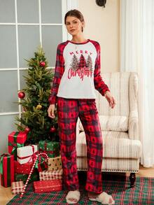 SHEIN 2pcs Christmas Tree Print Reversible Flannel Women Cozy Crew Neck Tops & Pants Fluffy Lounge Set, Winter Clothes - Apricot - View 4
