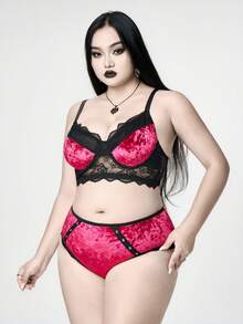 ROMWE Goth 加大码哥特式天鹅绒钢圈索环蕾丝边三角内裤内衣套装 - 酒紅色 - 查看 4