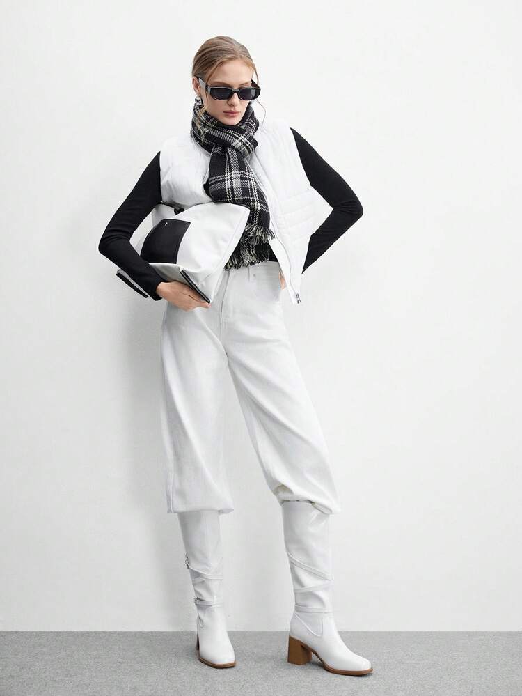 CUCCOO BIZCHIC Women's Fashion Over-The-Knee Boots, Square Toe Chunky Heel Design, Solid White Color, Back Zipper With Multi-Strap Decor, Versatile For Skirts, Jeans, Coats, Suitable For Autumn/Winter, Fashion Shows, Commuting, Stylish Ladies Tall Boots
