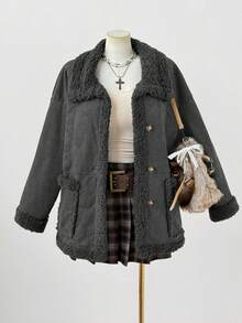 Sweetra Áo khoác ngắn tay dài lót nhung hươu thanh lịch cỡ lớn mới dành cho nữ, dài vừa, dày, mặc được cả hai mặt, mùa đông - Màu xám đen - Xem 4