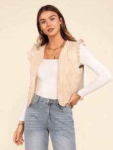 Coeurva Áo khoác nữ không tay đơn giản thời trang thường ngày, mùa đông - Màu be - Xem 5