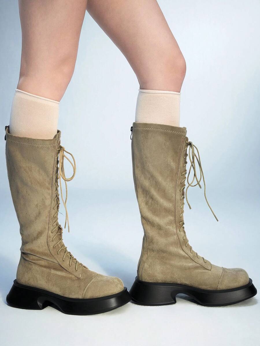 Sugerpunk Slimming Women's Thigh High Boots, Thick Sole Elastic Skinny Boots, Elevated Shaft Riding Boots - Light Grey - View 1