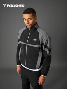 Manfinity Sport Polished 男士立领拼布休闲运动夹克，百搭小标志运动舒适夹克，街头时尚单品 - 黑色 - 查看 5