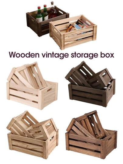 1 件、2 件或 3 件乡村风格农舍木制储物箱套装 - 手工制作，可堆叠收纳盒，采用复古和自然色，适合家居装饰和整理