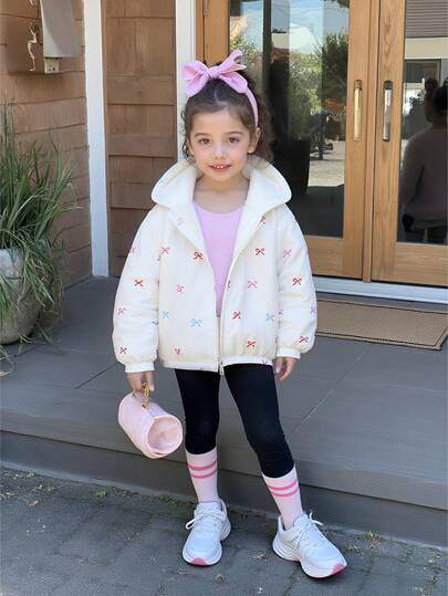 Elladie kids 1 件小女孩杏色保暖内衬蝴蝶印花连帽休闲夹克，适合学龄前儿童日常穿着，长袖设计，甜美学院风，可作为外套或衬衫穿着，适合秋冬季