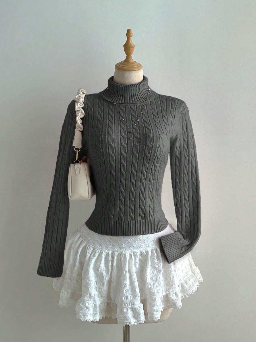 Elamini Suéter de punto con cuello alto y cordón para mujer/niña - Gris Oscuro - Ver 1