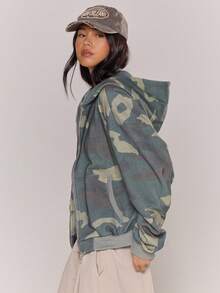 MUSERA Washed Camo Oversized Zip Up Hoodie Cool Girl, Streetstyle, Everyday, Autum, Winter, Varsity, 1997