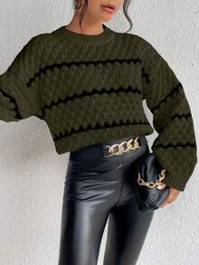 SHEIN LUNE Striped Pattern Contrast Color Crew Neck Casual Long Sleeve Pullover Sweater - Army Green - View 6