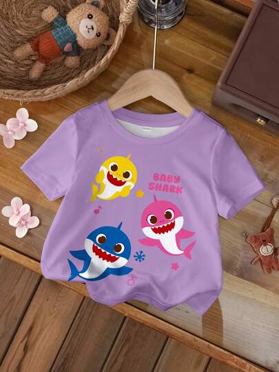 BABY SHARK X SHEIN Baby Girl Cute Cartoon Shark & Letter Graphic Short Sleeve T-Shirt, Casual Everyday Wear