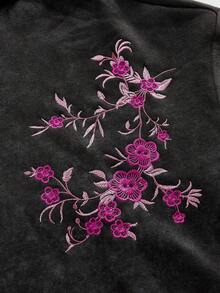 ROMWE MEN Street Life 男士休闲花卉刺绣连帽运动衫，秋冬 - 黑色 - 查看 4