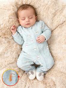 新生儿柔软针织圆领长袖按扣连脚连体衣，可爱熊猫印花，休闲时尚家居服，灰蓝色，秋冬 - 彩色 - 查看 6