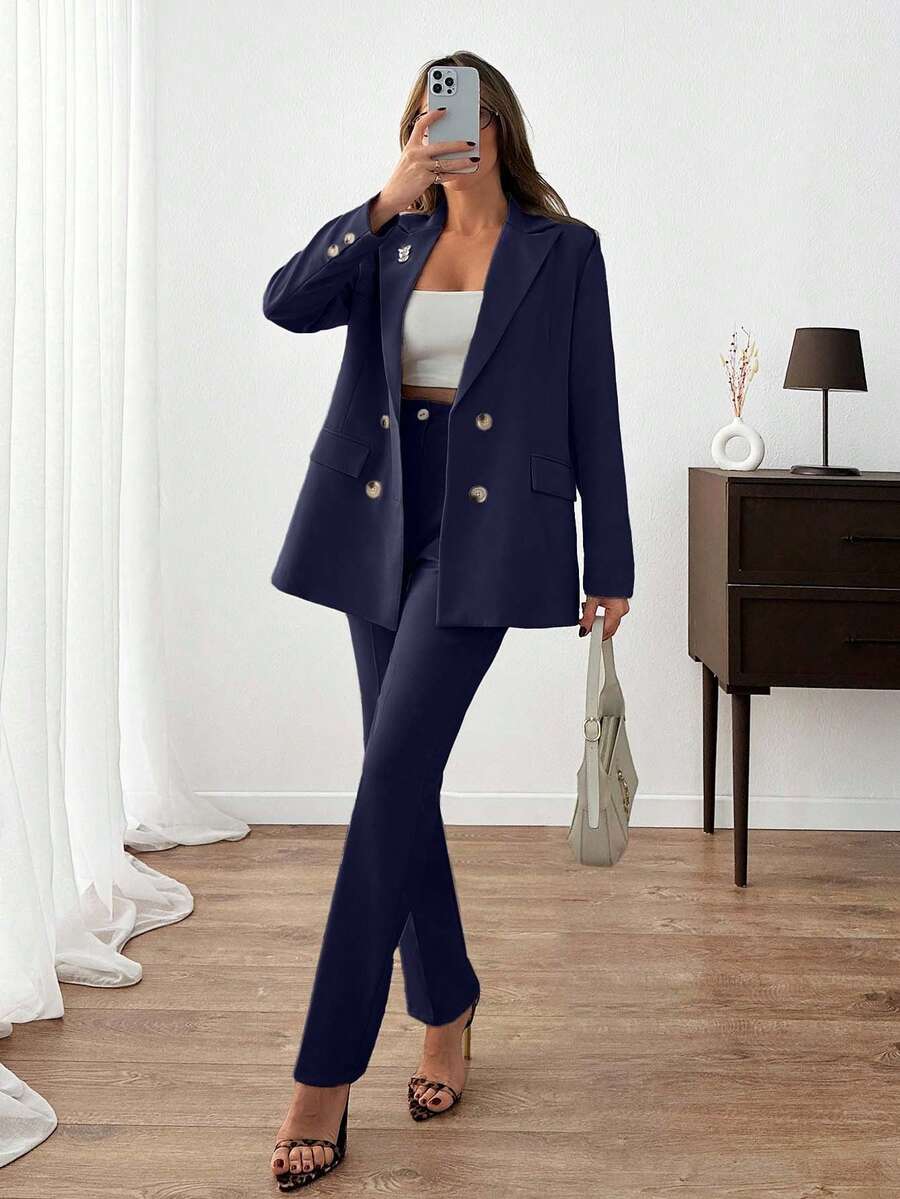 EURMUSE Women Solid Color Suit Sets Blazer Jacket And Pants Rhinestone And Button Front Detailed - Navy Blue - View 1